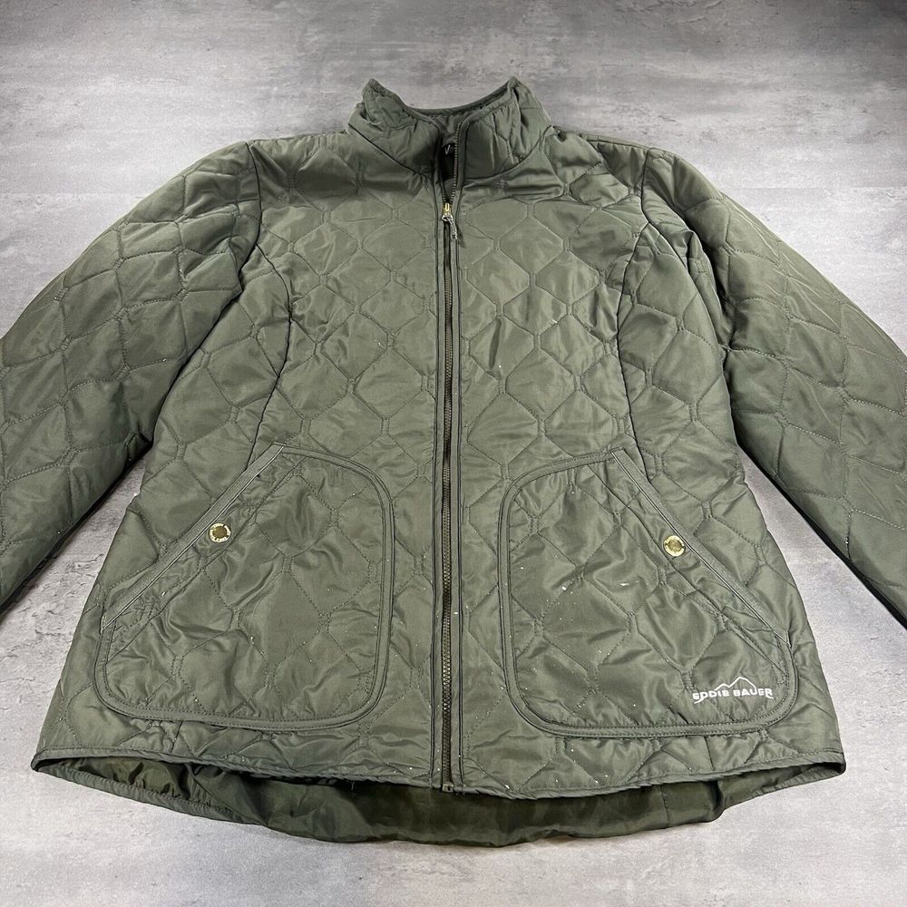 Eddie Bauer Jacket Women Medium Green‎ Quilted Snap Pockets Full Zip Green Coat